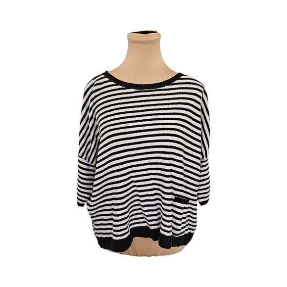Eileen Fisher Black White Striped Top Faux Pocket Sz M - Picture 2 of 9